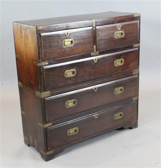 A small late 19th century brass bound teak military chest, W.2ft 10in. D.1ft 1in. H.3ft